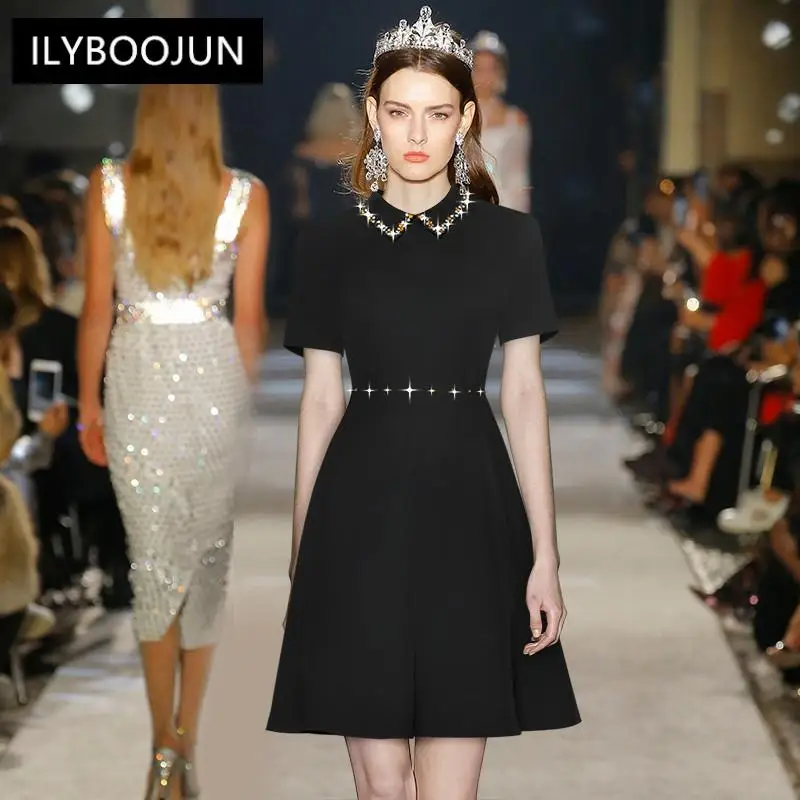 

Fashion Designer Summer Black Mini Dress Women's Turn-down Collar Beading Short sleeve High waist Short Party Dress