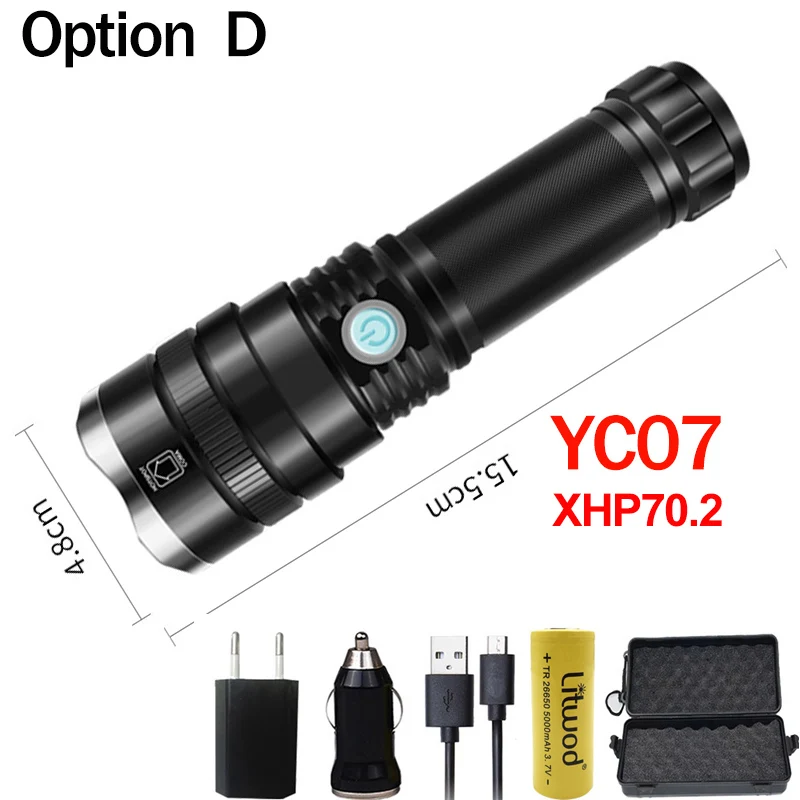 Option D XHP70.2 мощный светодиодный светильник-вспышка, масштабируемый супер светильник фонарь, перезаряжаемый аккумулятор, водонепроницаемая лампа, ультра яркий фонарь для рыбалки - Испускаемый цвет: Option D