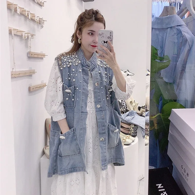 

Summer 2023 Women Harajuku Covered Button Loose Pocket Pearl Beaded Denim Vest Casual Casaco Feminino 5XL Sleeveless Jeans Tops