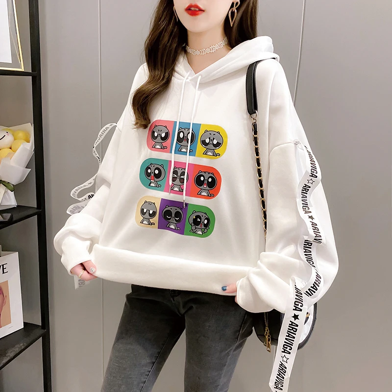 

CN 2021 Spring Autumn Korean Hooded Casual Personality Cartoon Print Mid Length Hoodies Fashion Loose Long Sleeve Sweatshirt