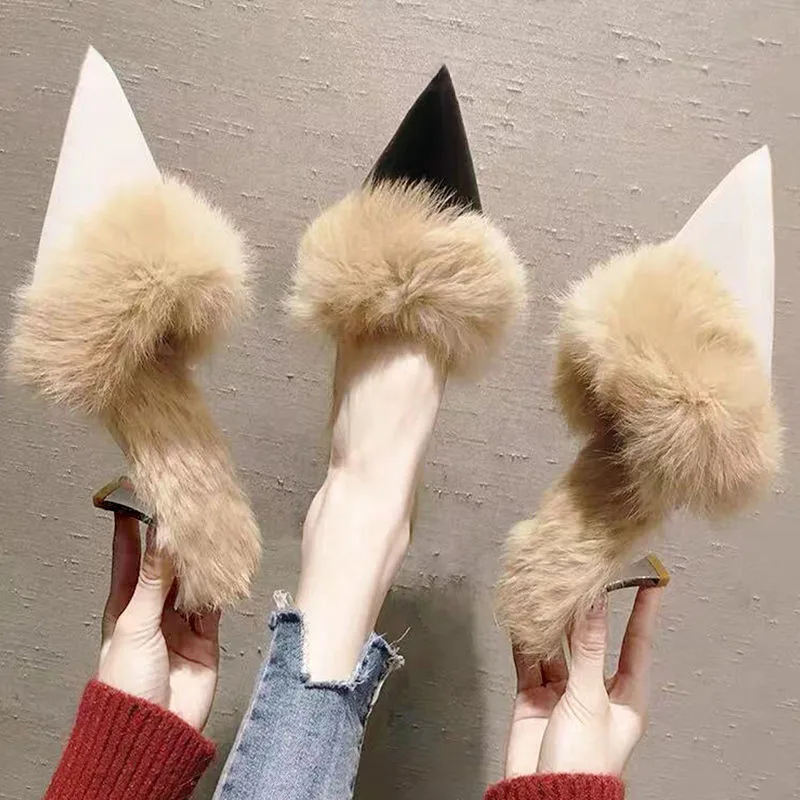 Женские дизайнерские меховые босоножки на высоком каблуке Модная женская обувь