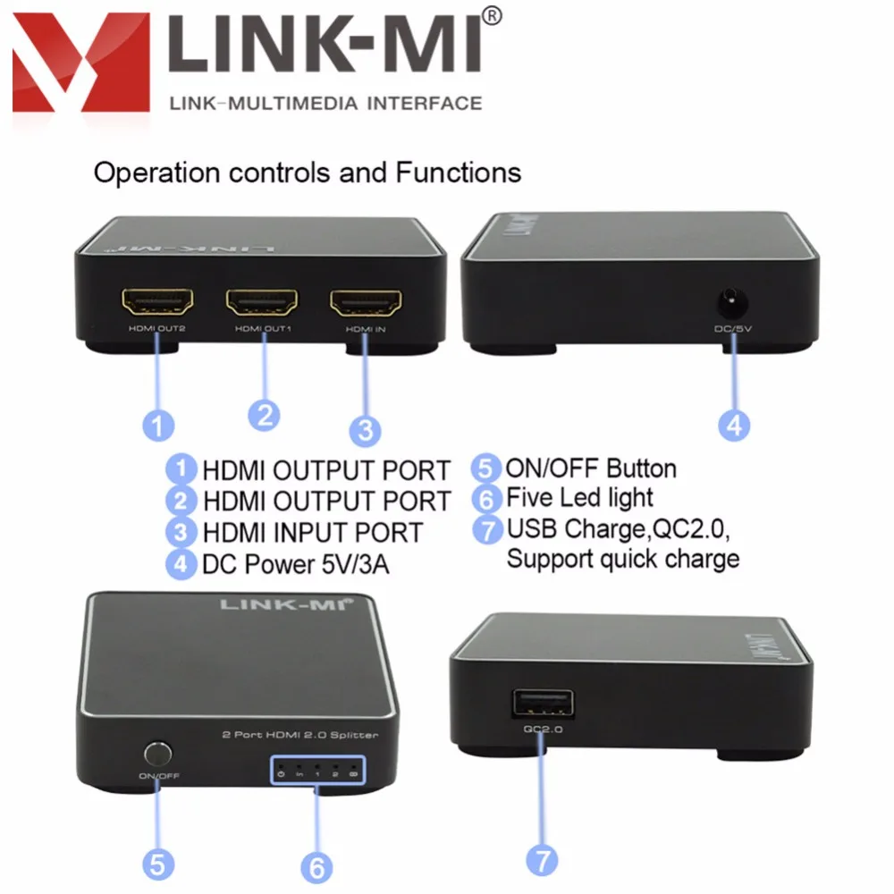 LINK MI 2.0H102 HDMI сплиттер 1x2 4K2K аудио видео 2 0 3D формат поддержка до 1080P @ 60Hz I in out USB порт