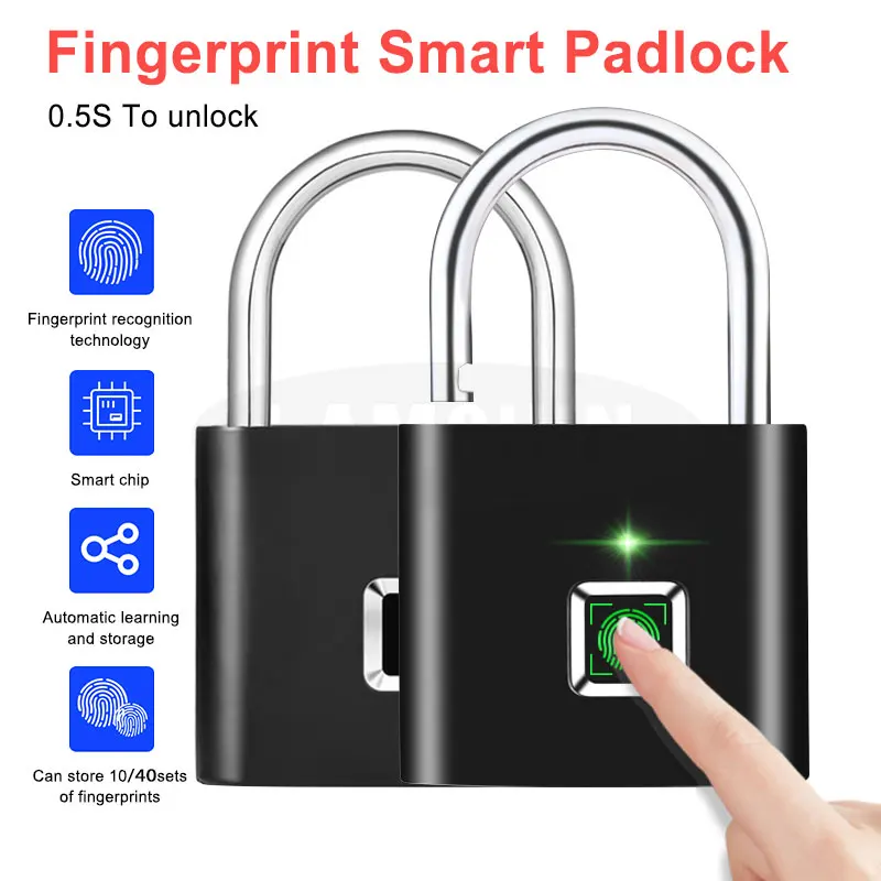 

Smart Padlock Electronic Fingerprint Lock Keyless USB Rechargeable Door Lock Quick Unlock Zinc alloy Metal Self Developing Chip