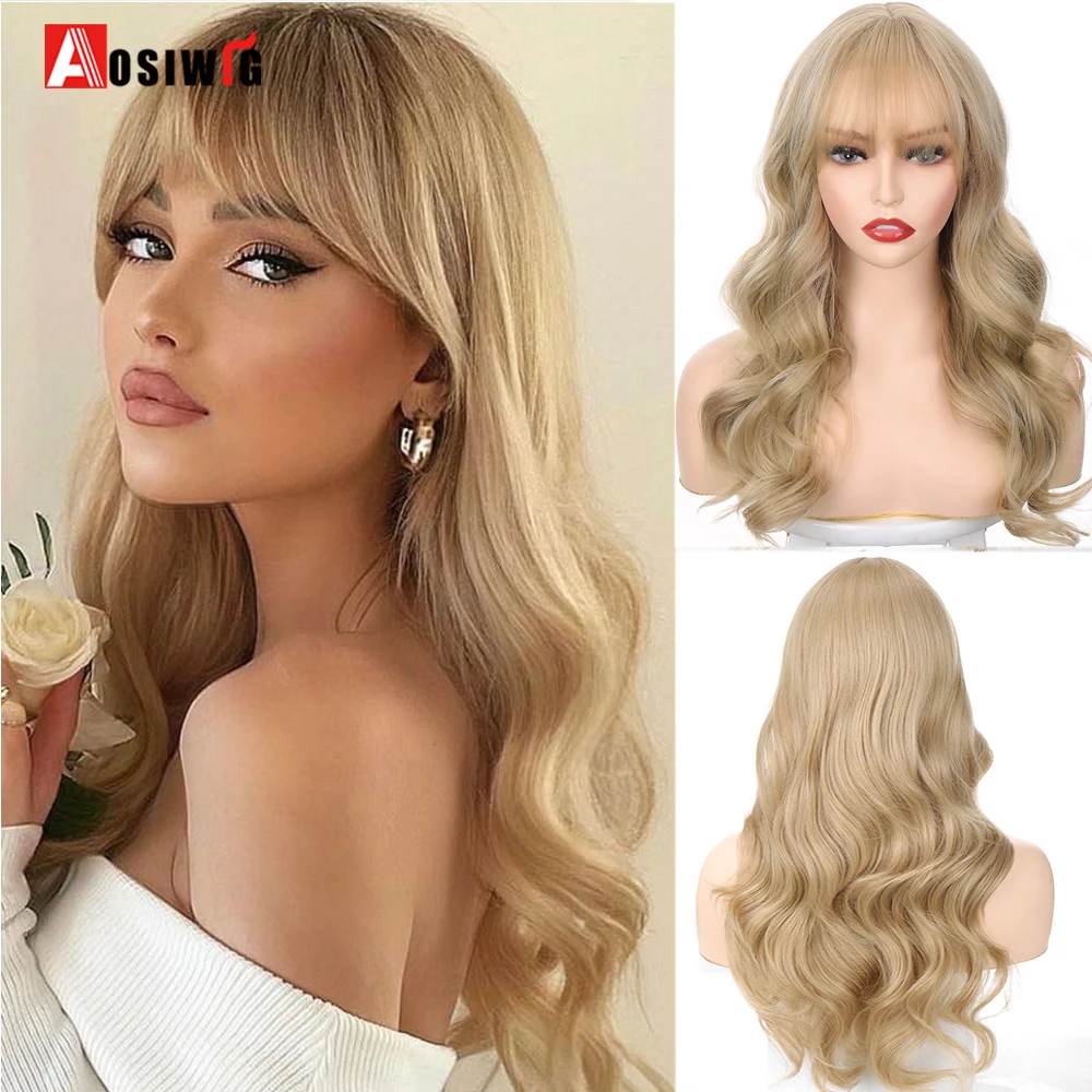 

Aosiwig Synthetic Lolita Long Wavy Wig With Bangs Pink Blonde Natural Hair Female Cosplay Halloween Wigs For White Black Women