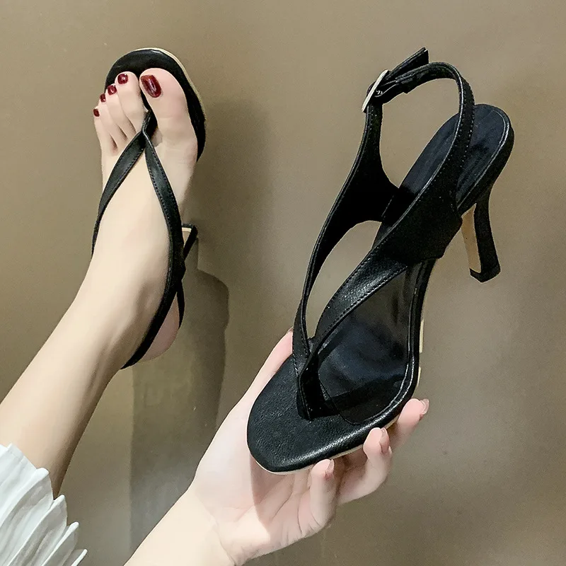 

2021 new summer Roman shoe clip toe large flip-flop sandal snake-print thin heel buckle women's sandal high heels