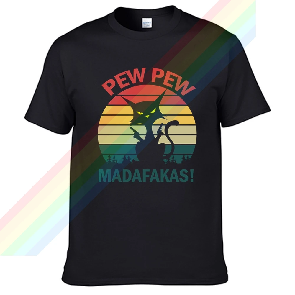 

Pew Pew Madafakas Cat Logo Retro Casual T Shirt Men's Summer Black 100% Cotton Short Sleeves O-Neck Tee Shirts Tops Tee Unisex
