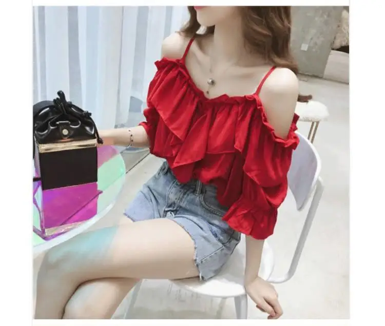 Elegant White Blouse Women Summer Thin Strap Vintage Ruffle Sexy Off shoulder Top Chiffon Blouses Shirt 2021 Korean Fashion plus size blouses