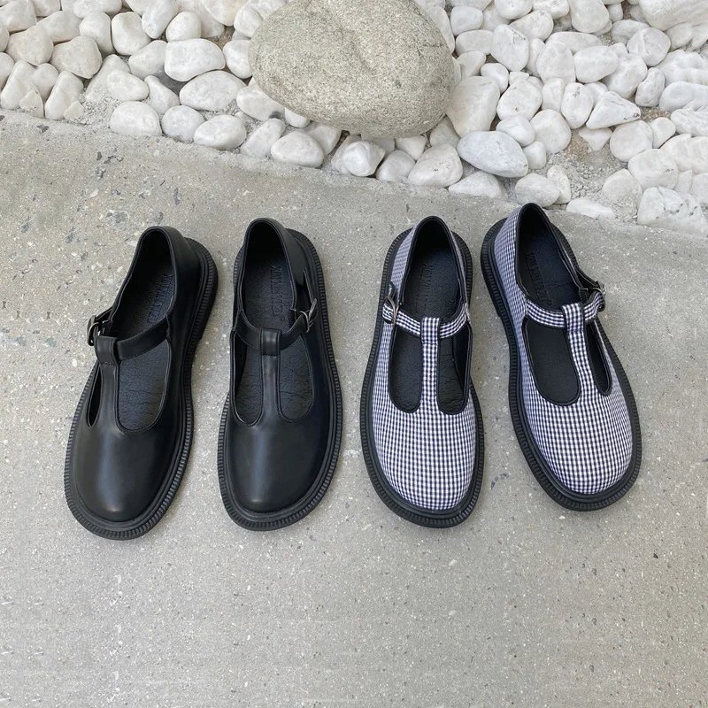Koovan Women's Leather Shoes 2020 Vintage Mary Jane Women's Shoes Hollow Round Straight-Line Buckle Shoes Flats