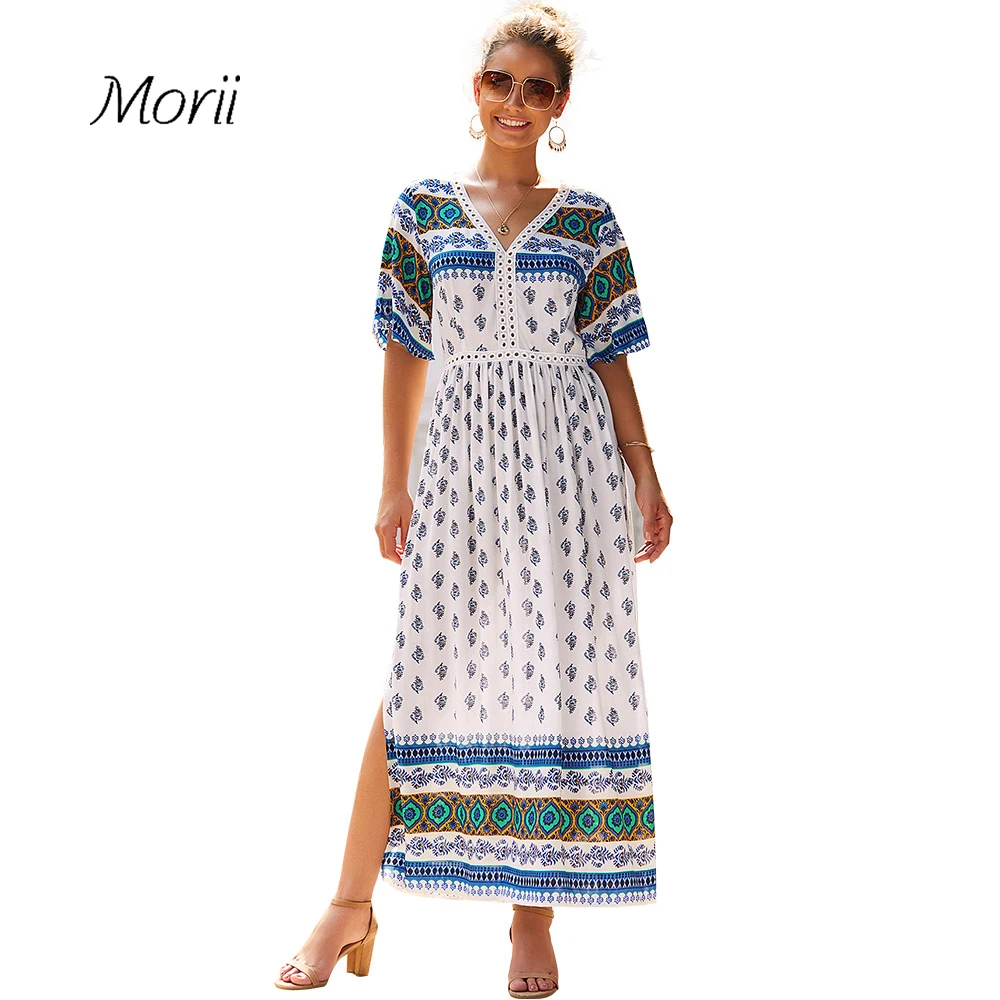 

Women Vintage Bohemian Long Dress Autumn Casual Split Slim Dress A-line V Neck Half Sleeve Elegant Dresses 2021 New Fashion