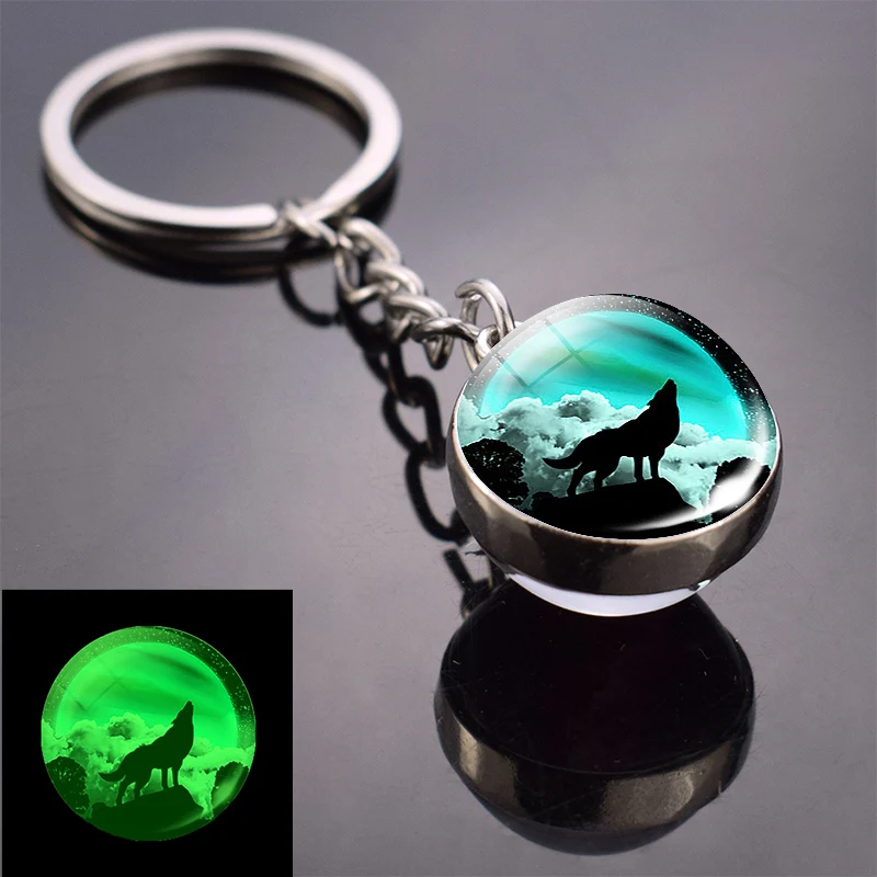 As show 12 Glow in Dark Jewelry Howling Wolf Keychain Wolf Luminous Glass Cabochon Pendant Keyring Double Side Glass Ball Keychain - Цвет: As show 12