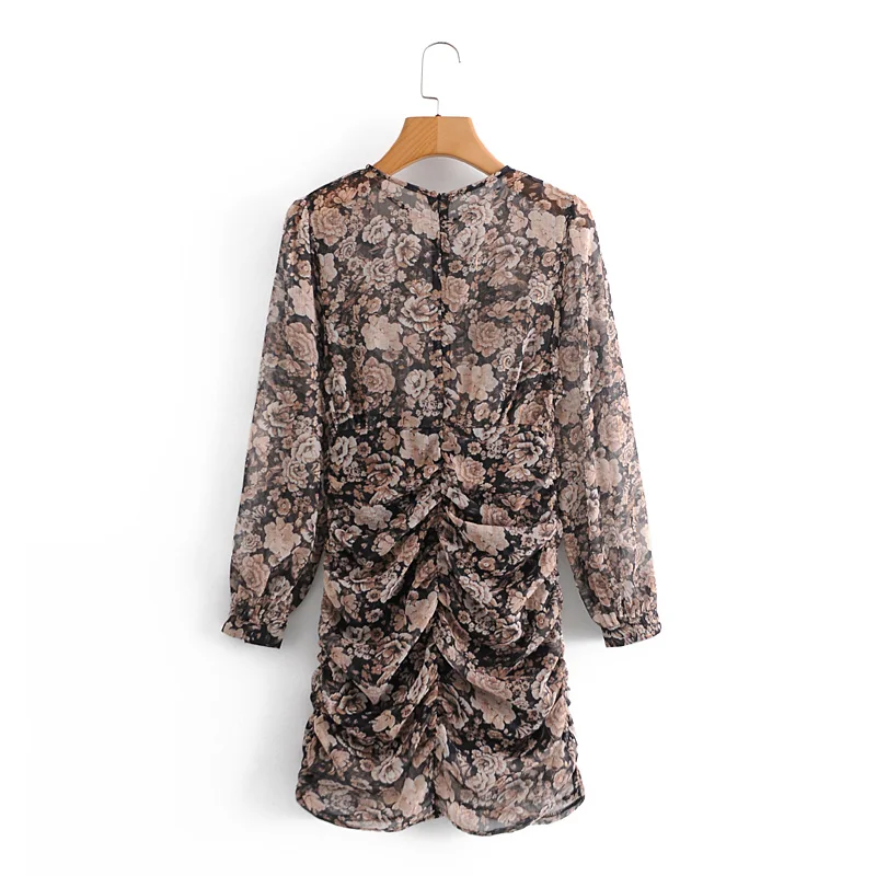 

Women Dress Za Vintage Floral Print Sheath Drapped Mini Party Dress Long Sleeve Chiffon Elegant Dresses Female Vestiods Mujer