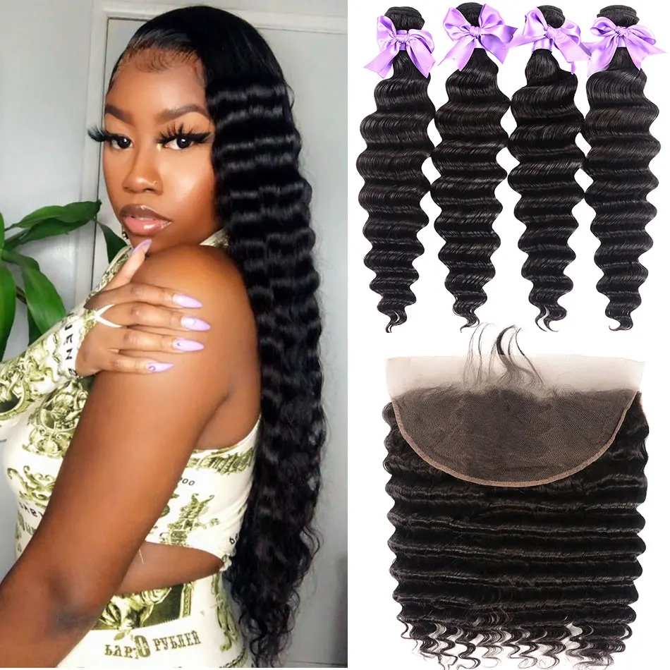 Loose Deep Wave Hair Bundles With Frontal Malaysian Human Hair 2/3 Bundles With Closure Lace Frontal With Bundles for Women