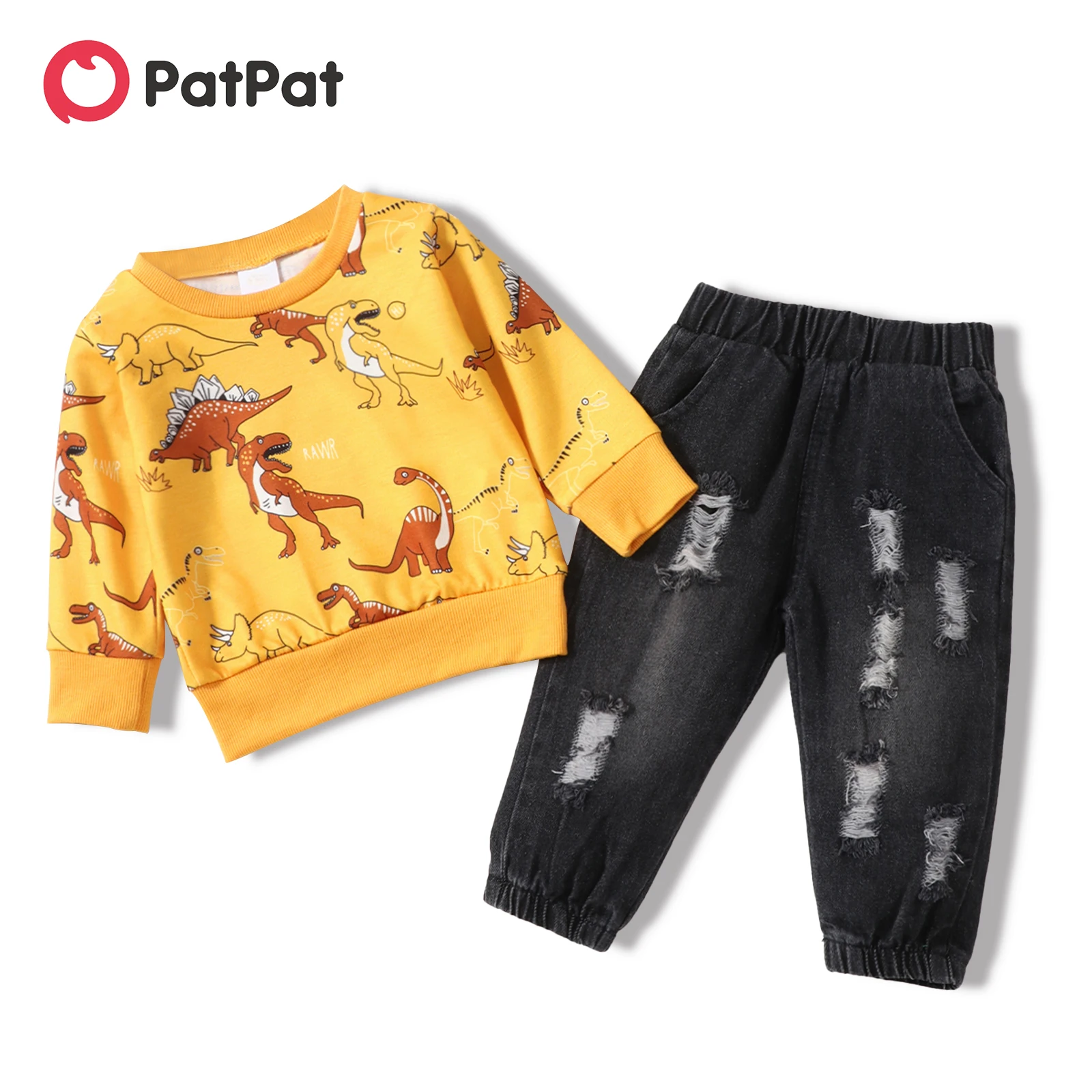 

2 шт., толстовка с длинным рукавом и рваные джинсы для мальчиков