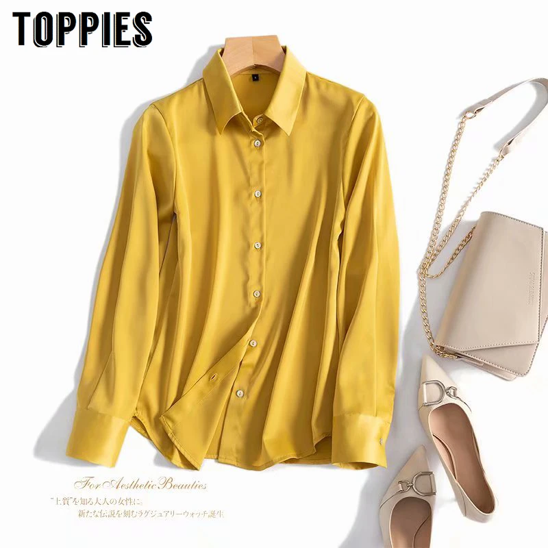 

Toppies 2021 Spring Long Sleeve Silk Shirt Women Solid Color Tops and Blouses Korean Button Shirts
