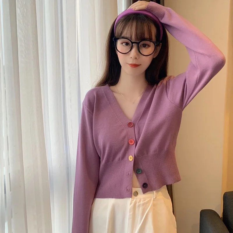 

New Knitted Cardigan Tops Women All-Match Slimming Short Tights Solid Color V-Neck Coat Tops