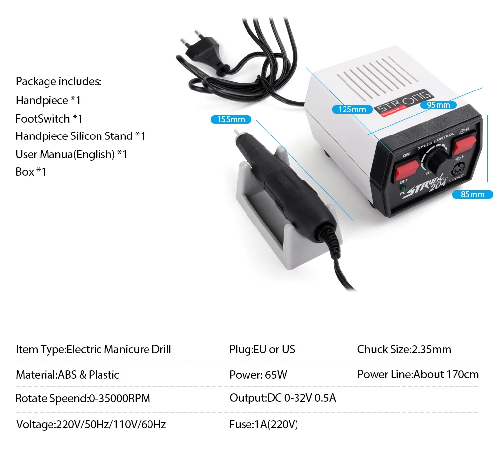 

65W Strong 204 control box 35000RPM 30V Strong 210 102L Micromotor Handpiece Electric manicure machine Nail Drill cutters Set