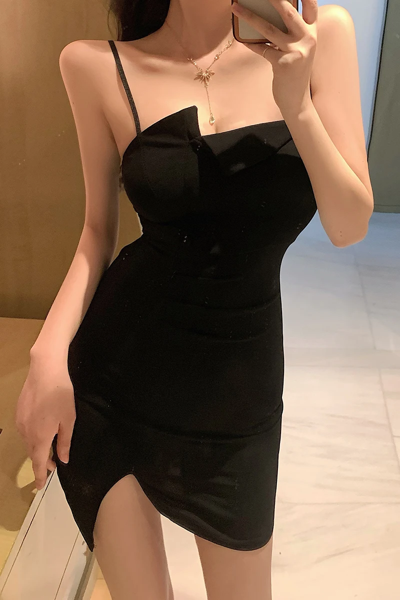 

COIGARSAM Sexy Women dress Summer Spaghetti Strap Dresses Black 3866