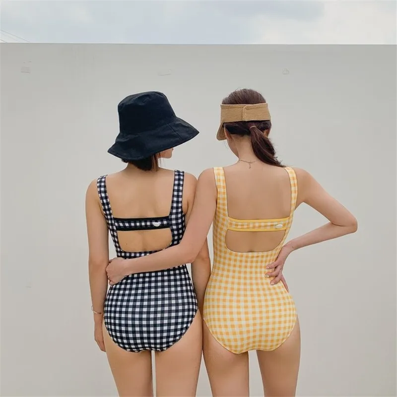 Ins style Japanese plaid one-piece swimsuit women Korean style open back small fresh swimsuit women