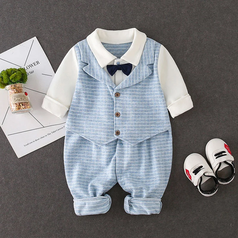 Весенний комплект одежды для маленьких мальчиков комбинезон в клетку костюм
