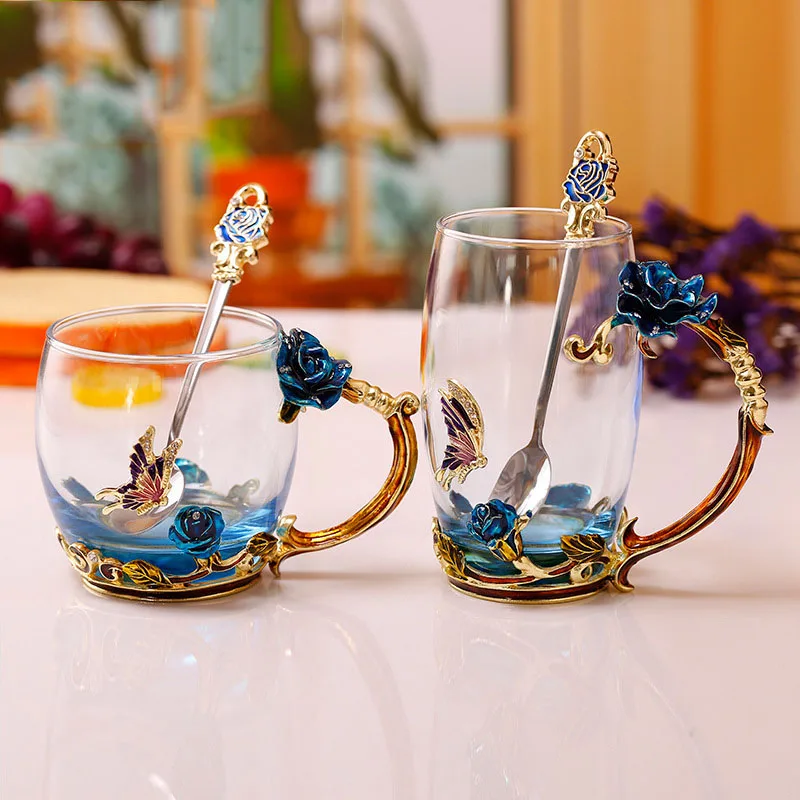 

300/320ml Creative Classical 3D Rose Butterfly Carved Enamel Crystal Glass Cups Heat-resistant TeacupLuxury Wedding Gift