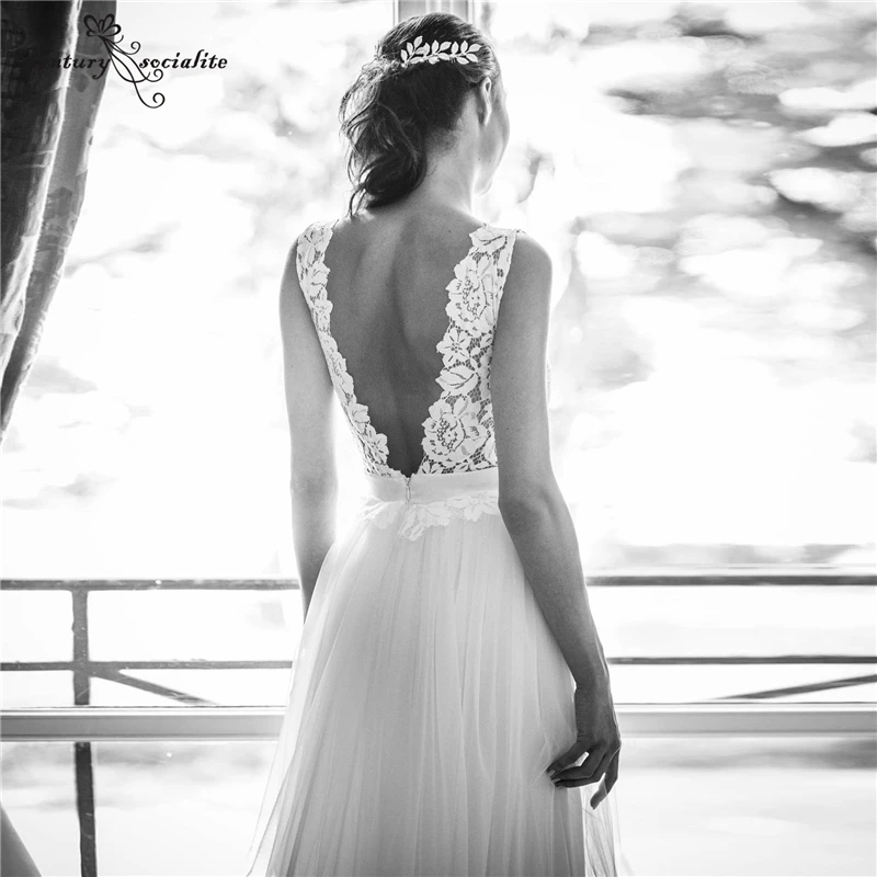 

Boho Wedding Dresses for Women 2021 V-Neck Backless Lace Tulle A-Line Bohemian Bride Dress Beach Bridal Gowns Vestido De Noiva