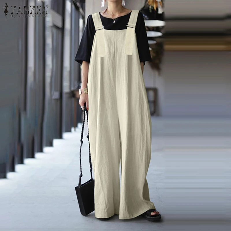 

Summer Autumn Solid Oversized Overalls Womens Fashion Wide Leg Jumpsuits ZANZEA Casual Sleeveless Jumpers Female Cotton Playsuit