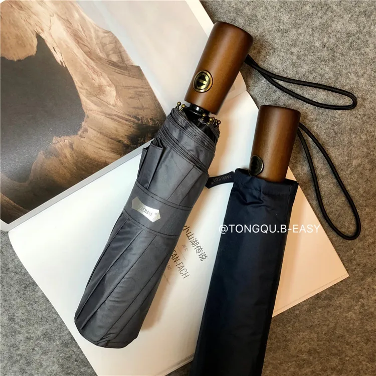 

High-end 10-bone reinforced windproof full-automatic black rubber sunscreen umbrella female solid wood retro sunshade