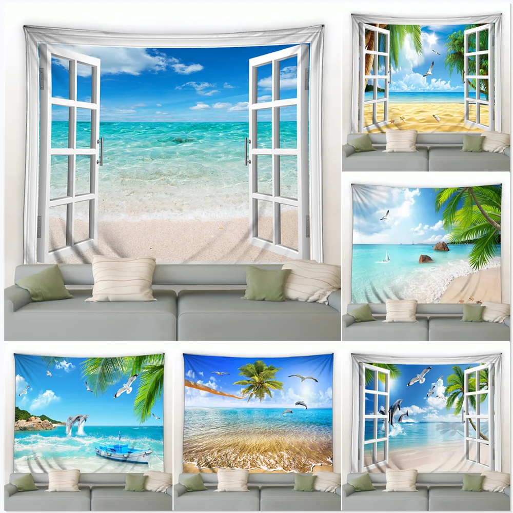 

Blue Ocean Window Tapestry Hippie Beach Coconut Tree Fabric Wall Hanging Sunset Tapestries Carpet Ceiling Bedroom Decor Blanket
