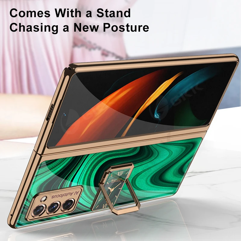 gkk luxury plating glass case for samsung galaxy z fold 2 case with ring stand protection cover for samsung galaxy z fold 2 5g free global shipping