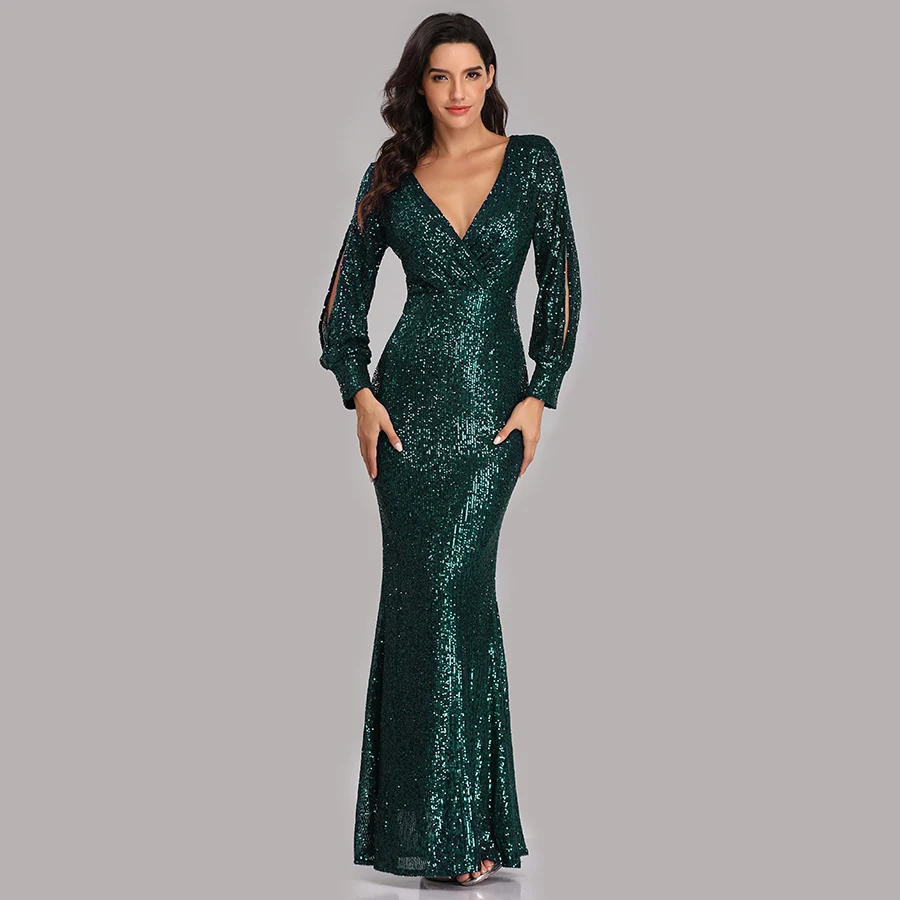 Зеленый Вечернее платье, длинное, расшитое блестками, элегантное, Robe De Soiree, сексуальное, с глубоким v-образным вырезом, с разрезом, торжественное платье, полный рукав, вечернее платье LT008 - Цвет: Зеленый