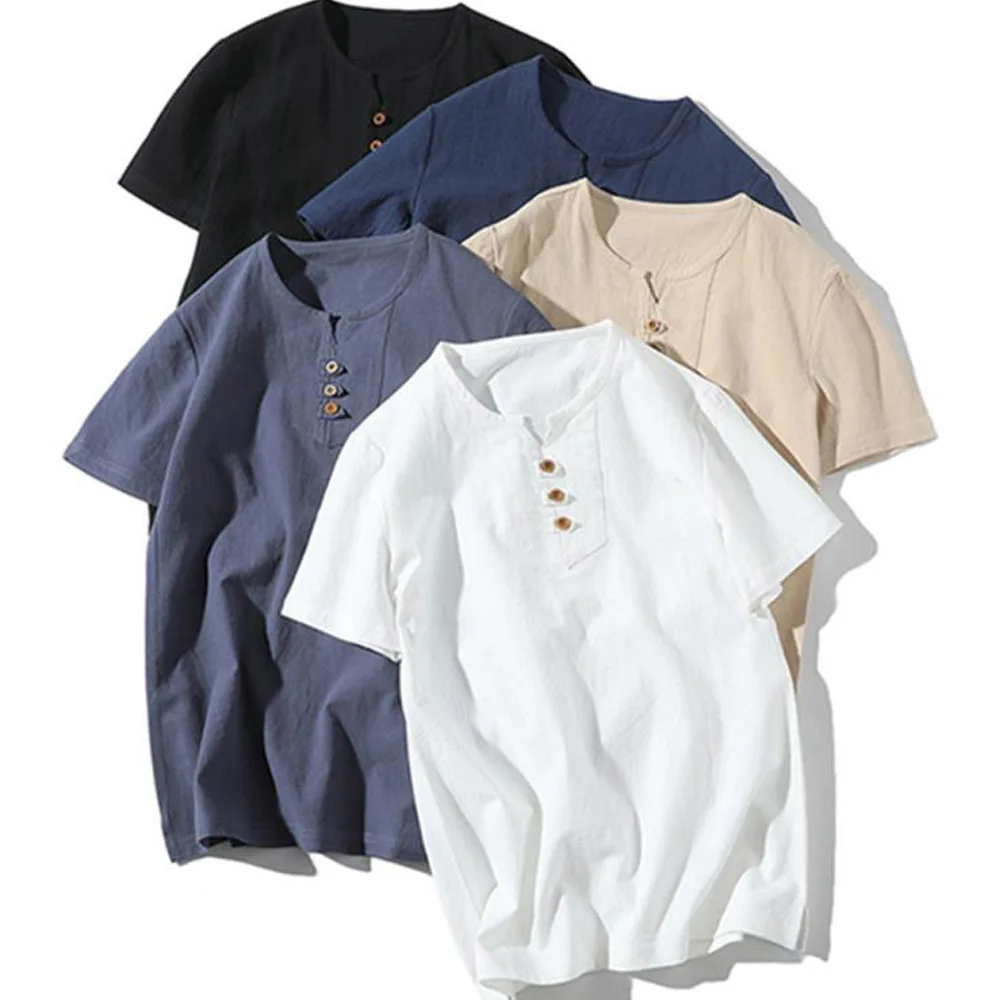 Мужская льняная летняя Однотонная футболка большого размера с коротким рукавом