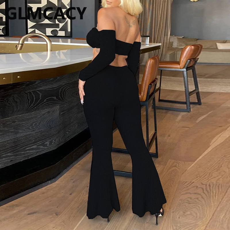 

Women Sexy Two Piece Suits Long Sleeve Off Shoulder Tube Top & Flare Pants Set Night Party Clubwear