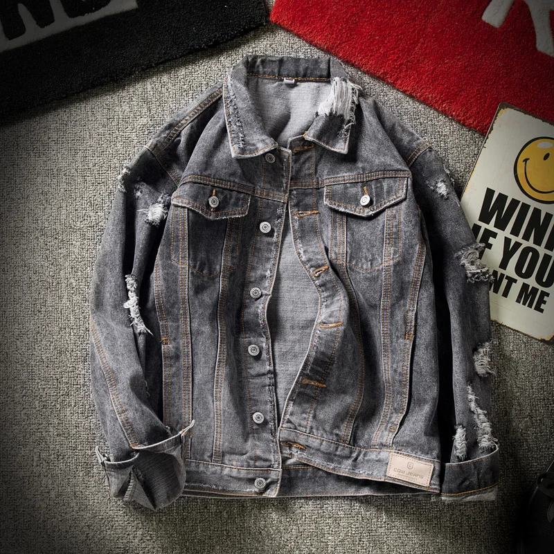 Высокий уличный стиль деним куртки новые модные мужские осенние винтажные серые