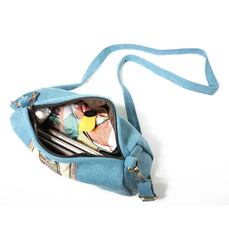 New Women Canvas Messenger Bags National Retro Embroidered Canvas Blue Single Shoulder Bag Women Small Travel Beach Bag