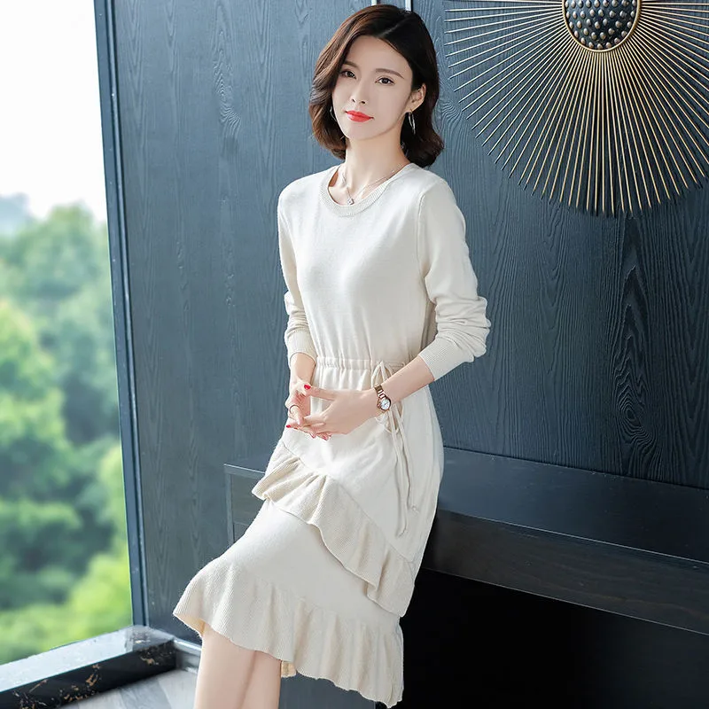 Fashion korean Ruffle knitted dress women casual Plus size slim Drawstring waist elegant a-line winter sweater party | Женская одежда