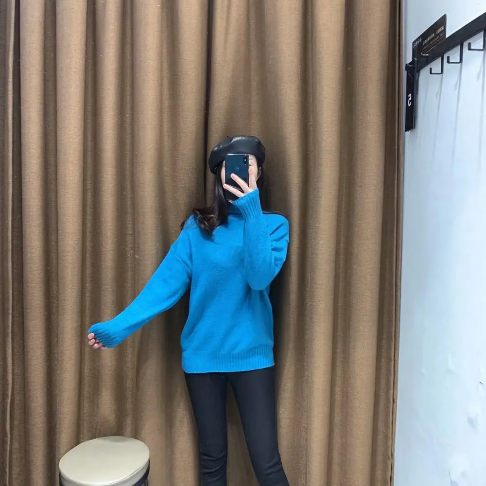 ZA новый весенний женский синий однотонный Водолазка с длинным рукавом Базовый