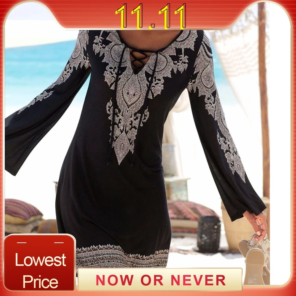 Сексуальное женское платье с v образным вырезом и принтом в стиле бохо