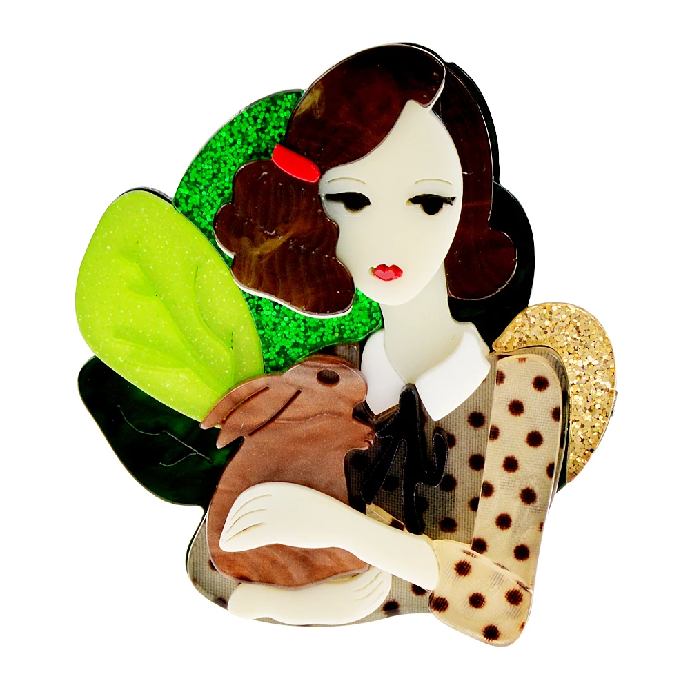 

CINDY XIANG Acrylic Girl Hugging Rabbit Brooch Gentle Lady Pin Fashion Acetate Fiber Jewelry New Design 2022 High Quality