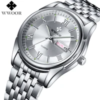 wwoor classics silver quartz mens watches luxury brand waterproof date week clock full steel fashion wrist watch male gift box
