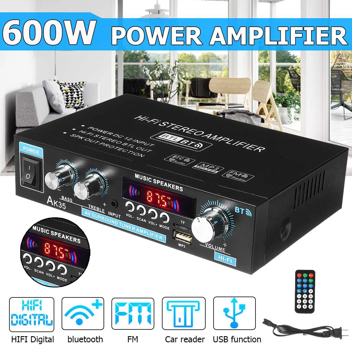 

AK35 Home Bluetooth Amplifier Hifi Digital Stereo Audio Karaoke Power FM USB Car Auto Amplifier With Remote Control 90W*2