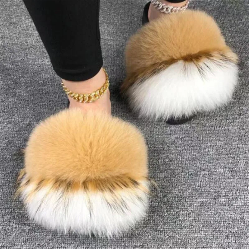 

Summer Women's Luxury Fluffy Slides Girl's Plush Sandals Real Fox Fur Slippers Indoor Home Shoes Female Designer Furry Flip Flop