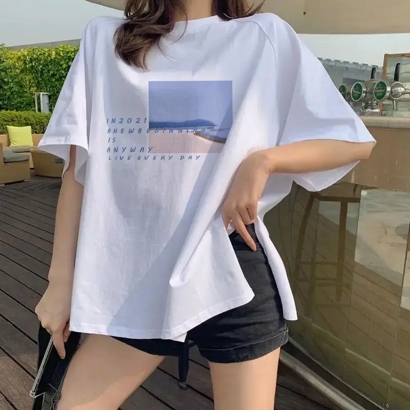 

Женская футболка в стиле Харадзюку, летняя футболка с коротким рукавом и принтом, свободные повседневные топы большого размера для студент...