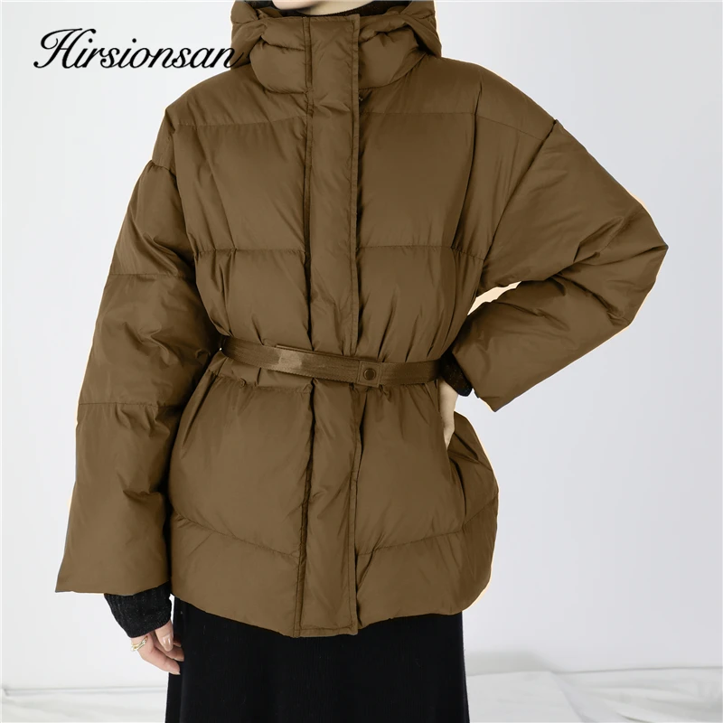 

Hirsionsan 90% Neck Duck Down Jacket Women 2021 Korean Puffer Fluffy Warm Casual Winter Coat Female Feather Parkas with Belt