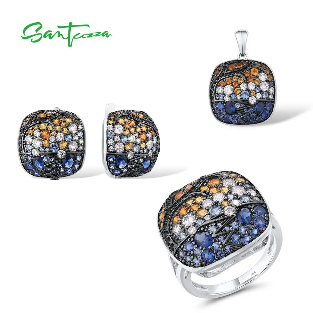 

Набор серег и колец SANTUZZA, из серебра 925 пробы со сверкающими разноцветными камнями и квадратным кулоном, изящные вечерние ювелирные украшен...