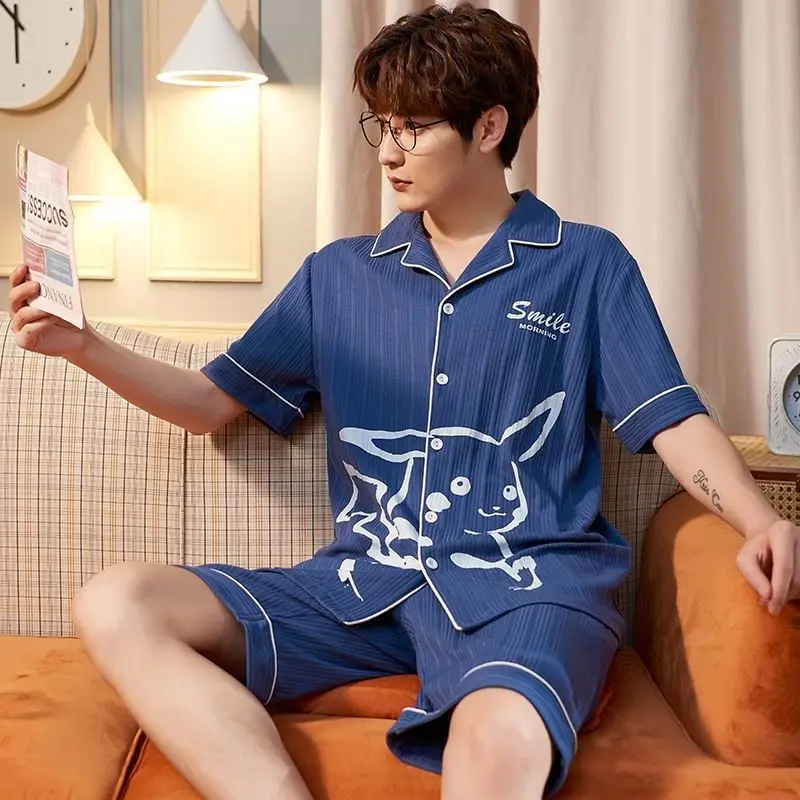 

2021 Spring Summer Men's Cotton Thin Shorts Short Sleeve Young Urban Leisure Middle-Aged Cardigan Homewear Daily Suit Pajamas