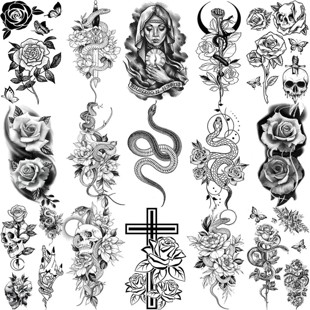 Realistic Snake Rose Flower Temporary Tattoos For Women Adult Cross Sword Butterfly Fake Tattoo Washable Body Art Tatoos Sticker