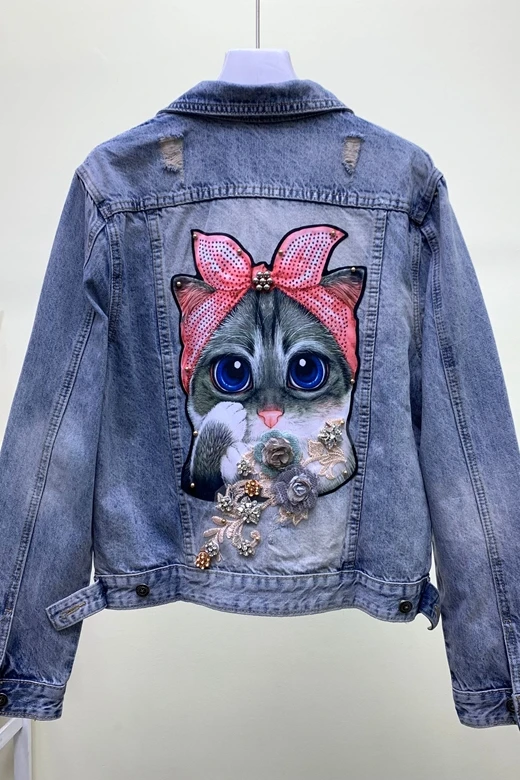 

2020 new cute cat heavy industry nail bead hot drill three-dimensional flower hole washing denim jacket jacket female