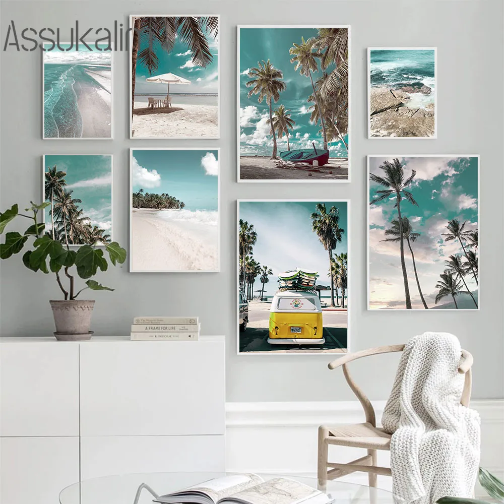 

Beach Palm Tree Bus Wall Art Canvas Print Ocean Scenery Poster Sky Art Painting Nordic Wall Pictures For Living Room Home Decor