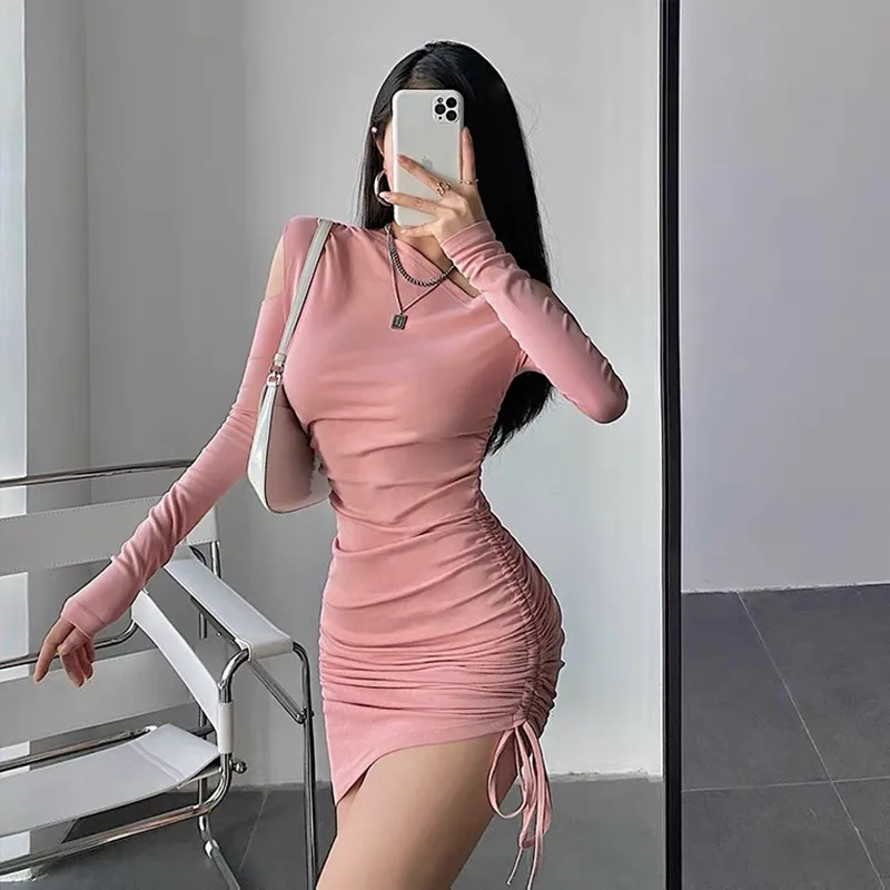 

Fall Winter Dress Sexy Diagonal Collar Cutout Long Sleeve Pink Dress Drawstring Folds Elegant Short Dresses Birthday Party Club