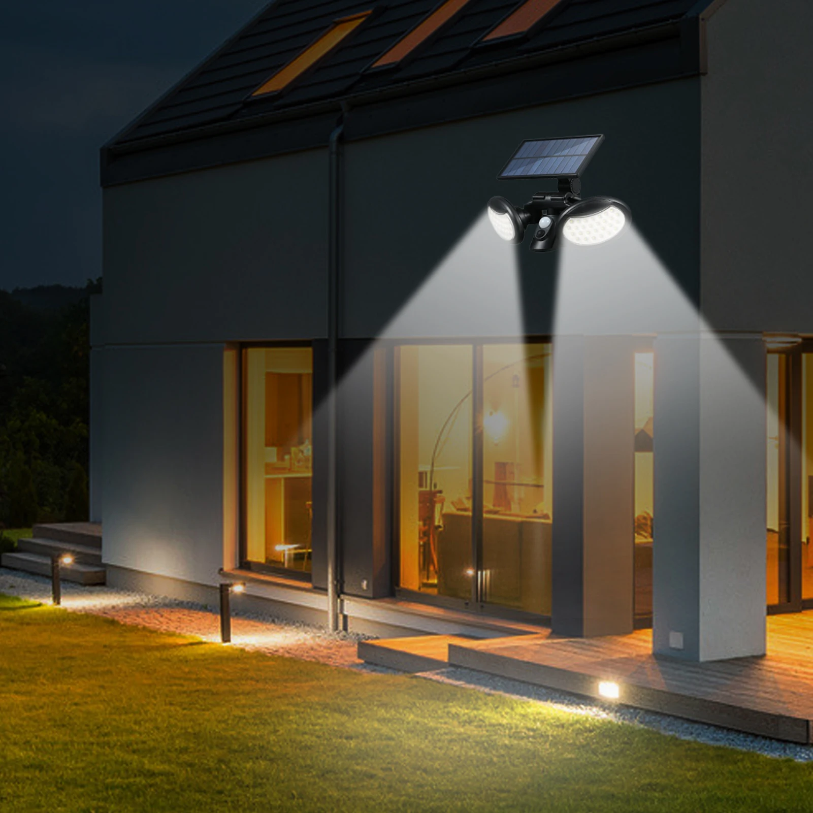 

Foldable Solar Powered Wall Light PIR Motion Sensor 3 Lighting Modes 2 Heads Flood Lamp IP65 Outdoor Secure Light for Patio Yard